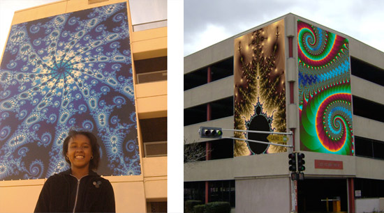 Rachel W., one of the 2009 Fractal Challenge winners, in front of her winning 20'x30' fractal installation at 3'd and Silver in Downtown Albuquerque. The two images on the right will soon be installed in Albuquerque as well.
