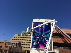 Hanging the fractal at the parking structure in downtown Albuquerque at 3rd and Silver